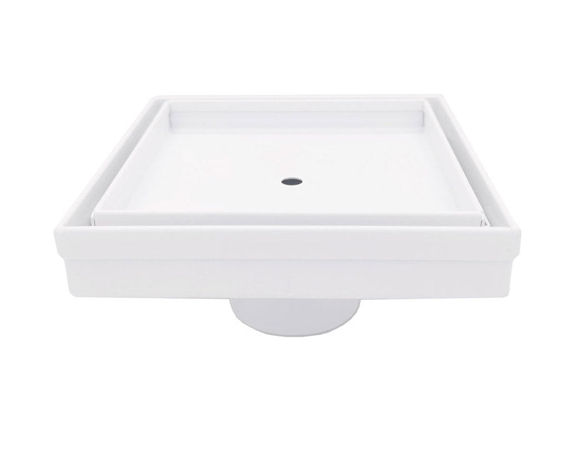 5 Inch Matte White Tile Insert Square Shower Drain with Hair Trap and Base Flange Kit