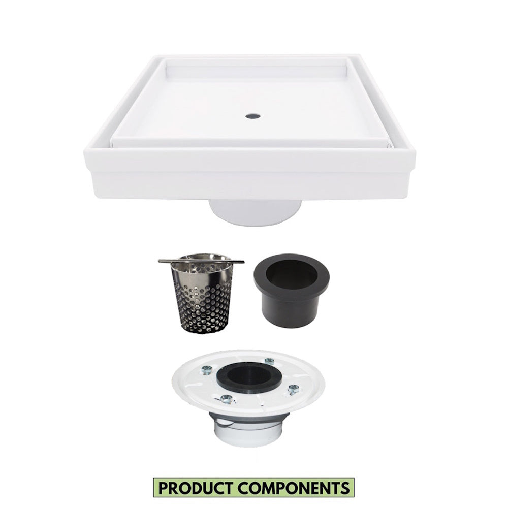 5 Inch Matte White Tile Insert Square Shower Drain with Hair Trap and Base Flange Kit