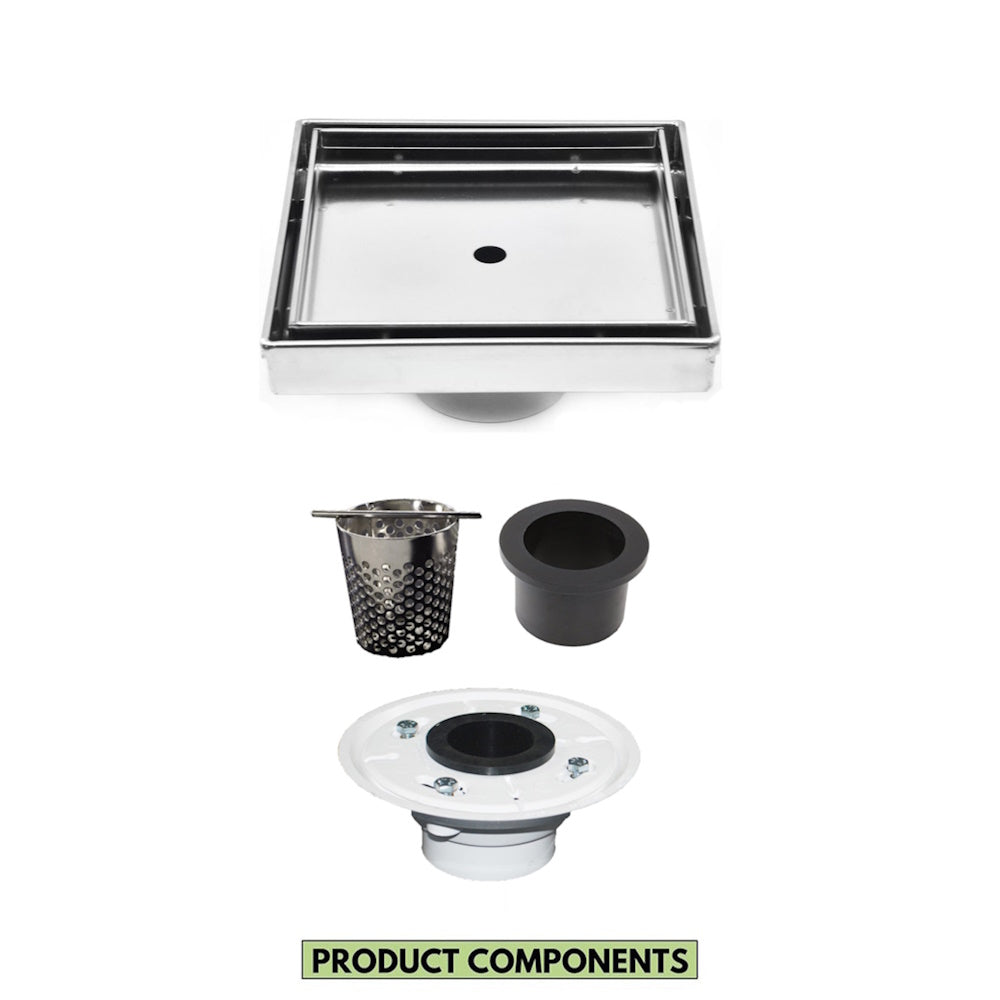 4 Inch Brushed Tile Insert Square Shower Drain with Hair Trap and Base Flange Kit