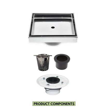 4 Inch Brushed Tile Insert Square Shower Drain with Hair Trap and Base Flange Kit