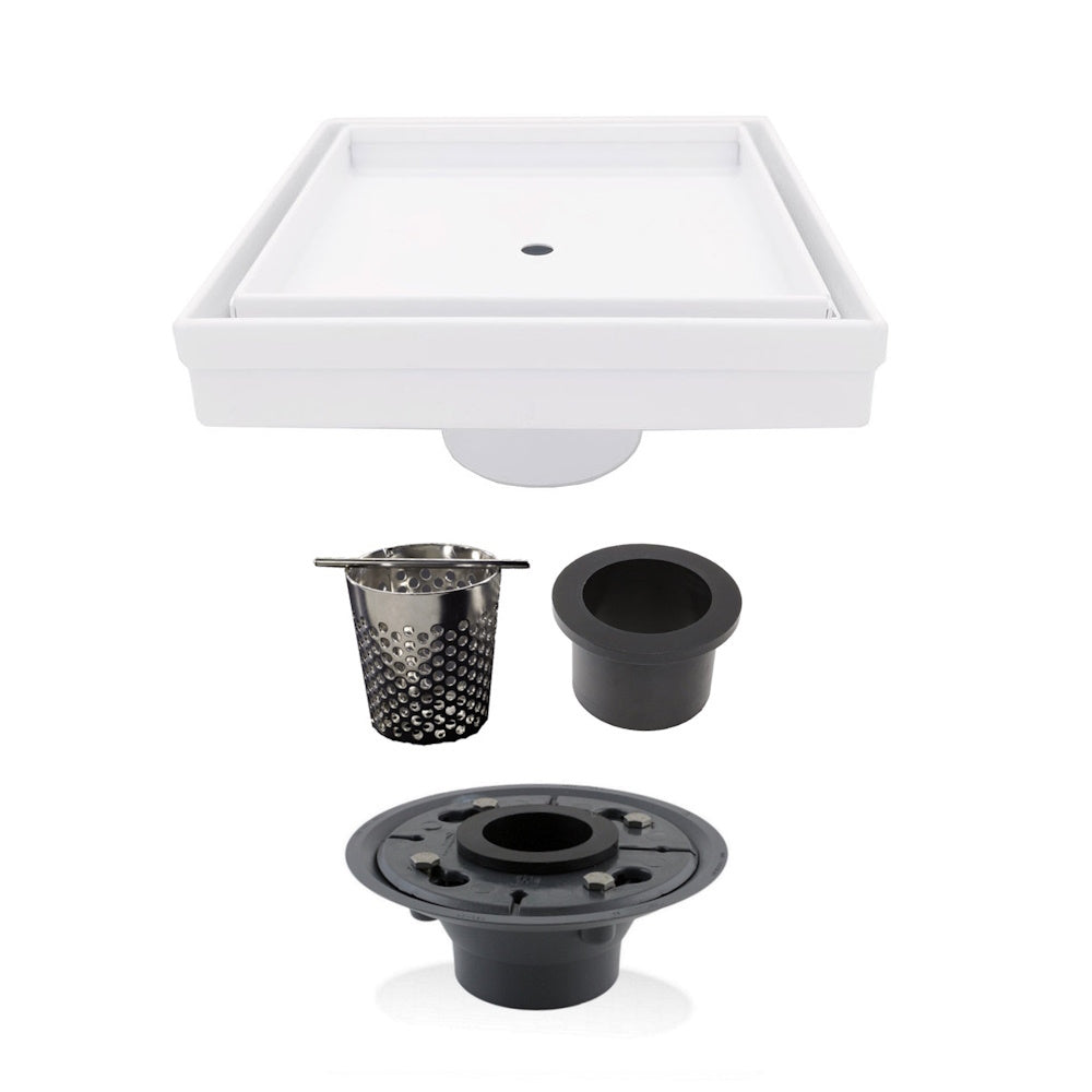 5 Inch Matte White Tile Insert Square Shower Drain with Hair Trap and Base Flange Kit