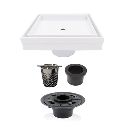 5 Inch Matte White Tile Insert Square Shower Drain with Hair Trap and Base Flange Kit