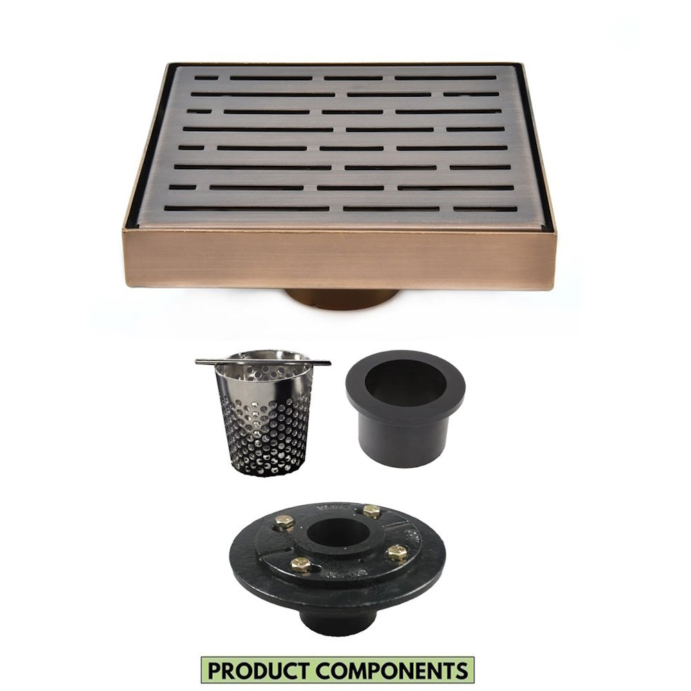 6 Inch Bronze Square Shower Drain with Hair Trap and Base Flange Kit – Broken Lane Design
