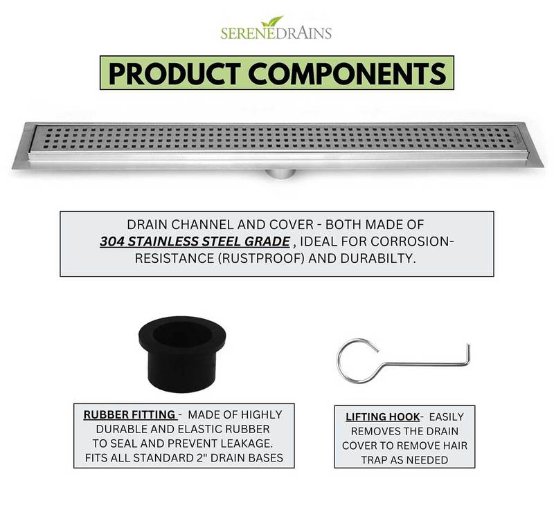 SereneDrains Brushed Linear Drains, Horizontal Side Outlet, Traditional Square Design