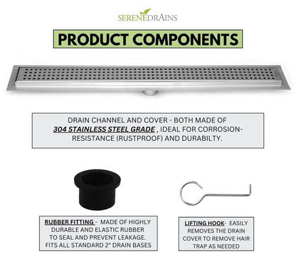 SereneDrains Brushed Linear Drains, Horizontal Side Outlet, Traditional Square Design