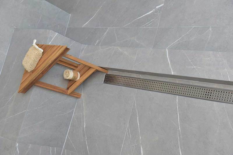 SereneDrains Brushed Linear Drains, Horizontal Side Outlet, Traditional Square Design