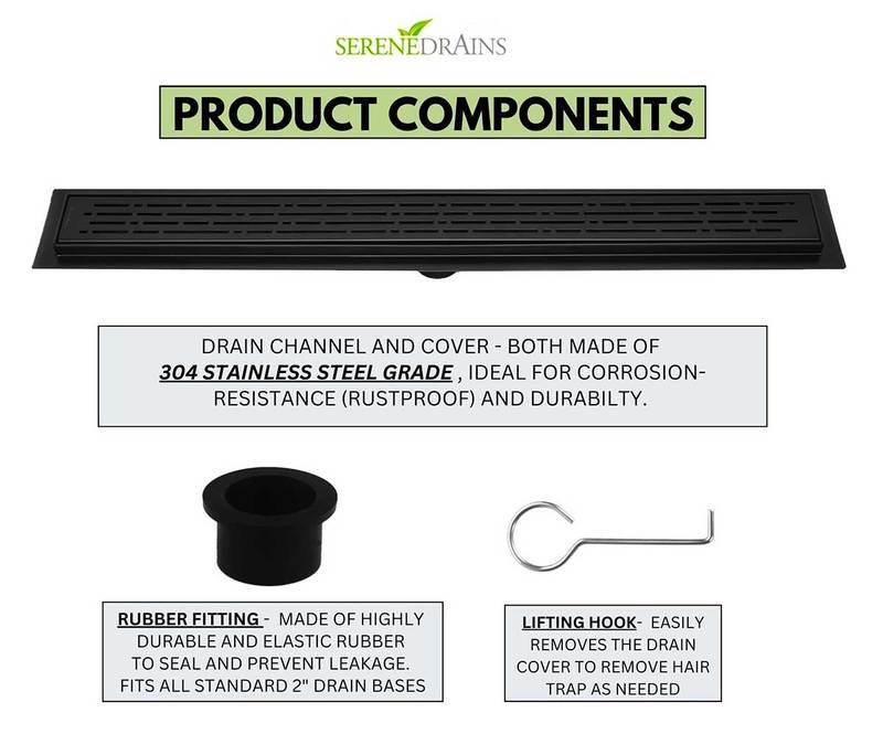 35 Inch Matte Black Linear Shower Drain, Broken Lane Design by SereneDrains