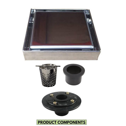 5 Inch Brushed Solid Flat Cover Square Shower Drain Kit with Hair Trap and Base Flange