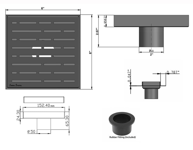 6 Inch Bronze Square Shower Drain with Hair Trap and Base Flange Kit – Broken Lane Design