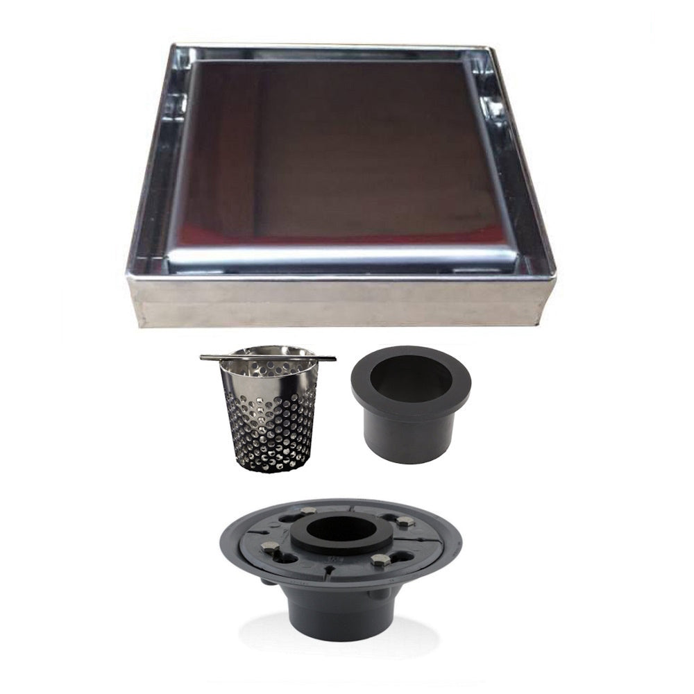 5 Inch Brushed Solid Flat Cover Square Shower Drain Kit with Hair Trap and Base Flange