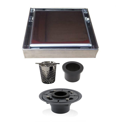 5 Inch Brushed Solid Flat Cover Square Shower Drain Kit with Hair Trap and Base Flange