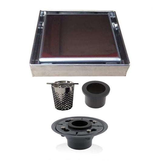 5 Inch Brushed Solid Flat Cover Square Shower Drain Kit with Hair Trap and Base Flange