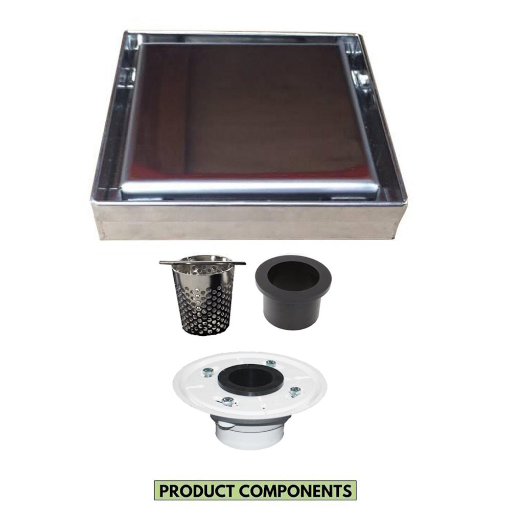 5 Inch Brushed Solid Flat Cover Square Shower Drain Kit with Hair Trap and Base Flange