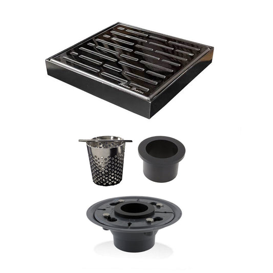 6 Inch Polished Square Shower Drain with Hair Trap and Base Flange Kit – Broken Lane Design