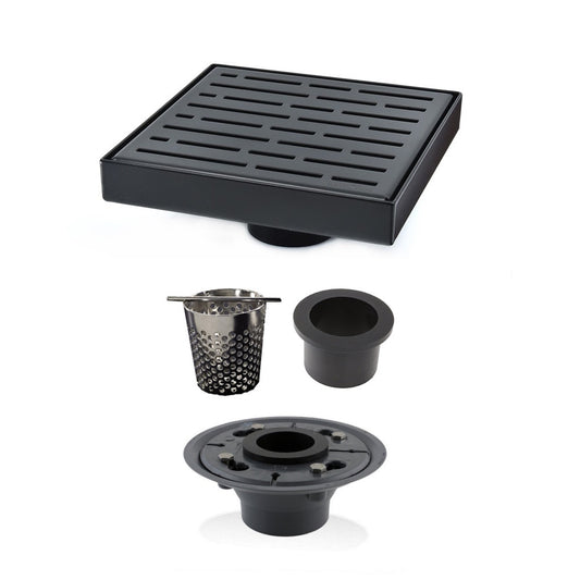 6 Inch Matte Black Square Shower Drain with Hair Trap and Base Flange Kit – Broken Lane Design
