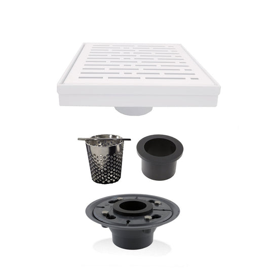 6 Inch Matte White Square Shower Drain with Hair Trap and Base Flange Kit – Broken Lane Design