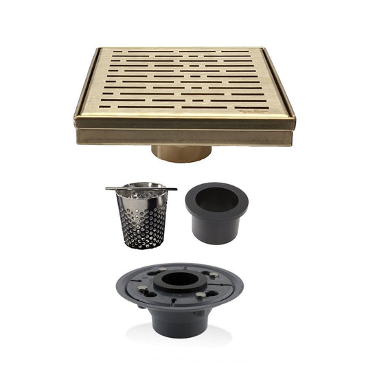 6 Inch Satin Gold Square Shower Drain with Hair Trap and Base Flange Kit – Broken Lane Design