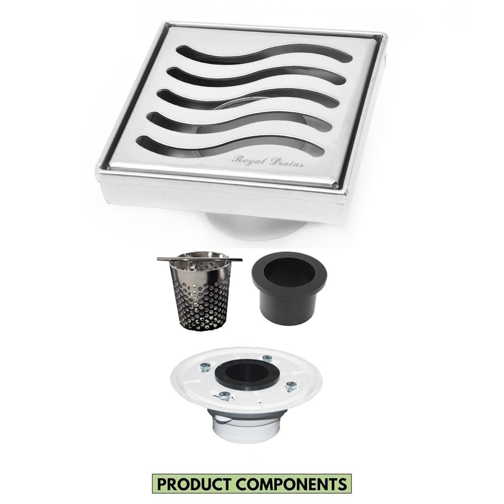 4 Inch Polished Chrome Square Shower Drain Kit with Hair Trap and Base Flange – Ocean Wave Design