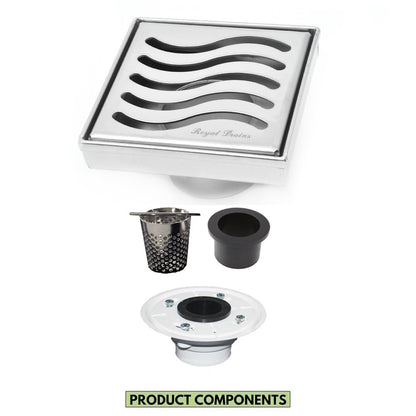 4 Inch Polished Chrome Square Shower Drain Kit with Hair Trap and Base Flange – Ocean Wave Design