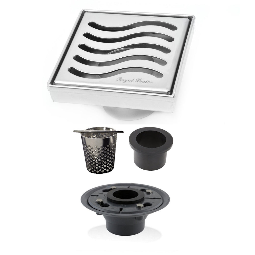 4 Inch Polished Chrome Square Shower Drain Kit with Hair Trap and Base Flange – Ocean Wave Design