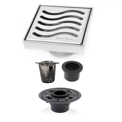 4 Inch Polished Chrome Square Shower Drain Kit with Hair Trap and Base Flange – Ocean Wave Design