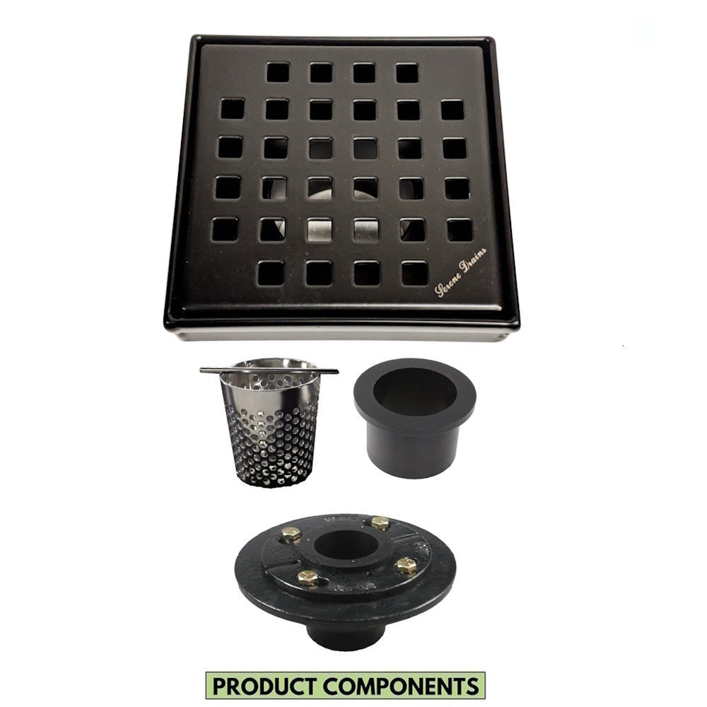 4 Inch Matte Black Square Shower Drain Assembly Kit, Squares Design