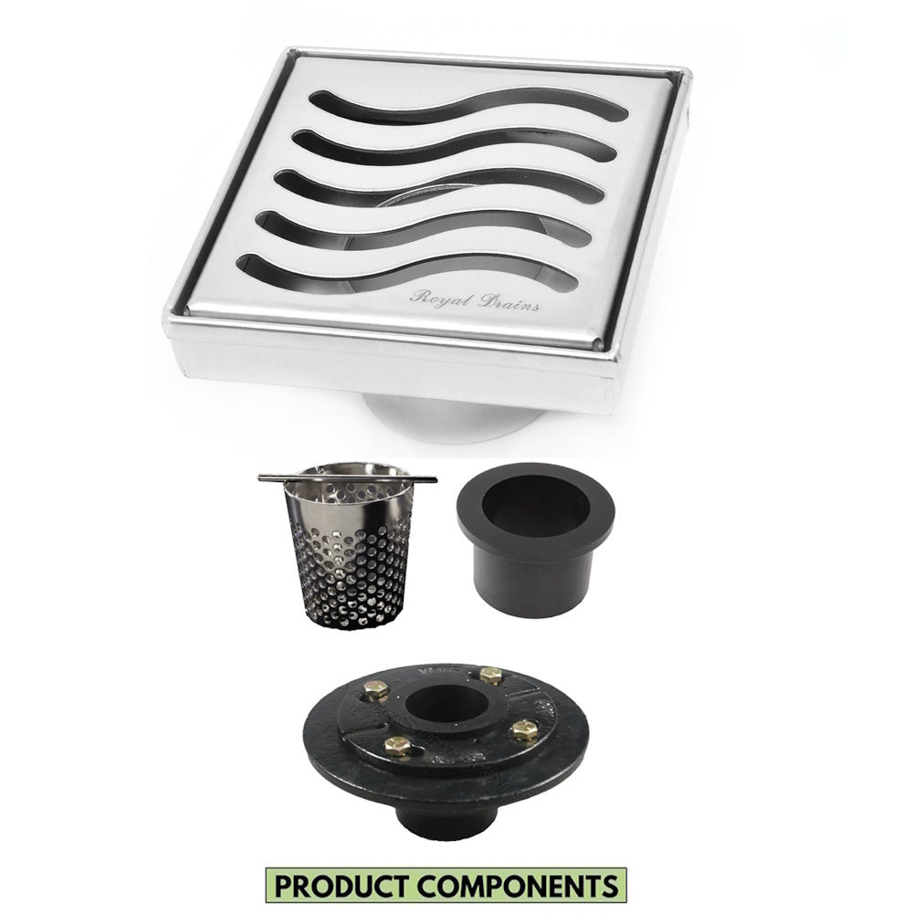 4 Inch Polished Chrome Square Shower Drain Kit with Hair Trap and Base Flange – Ocean Wave Design
