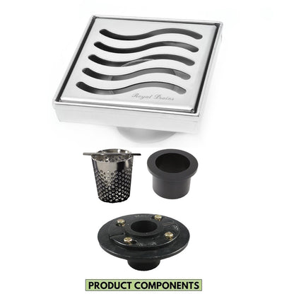 4 Inch Polished Chrome Square Shower Drain Kit with Hair Trap and Base Flange – Ocean Wave Design