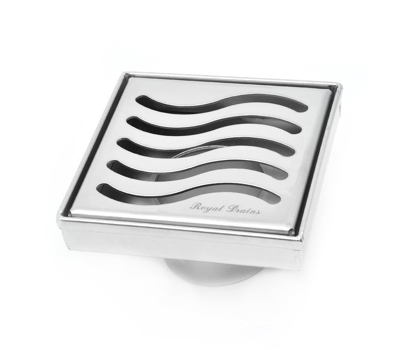 4 Inch Polished Chrome Square Shower Drain Kit with Hair Trap and Base Flange – Ocean Wave Design