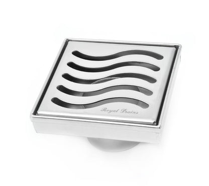 4 Inch Polished Chrome Square Shower Drain Kit with Hair Trap and Base Flange – Ocean Wave Design