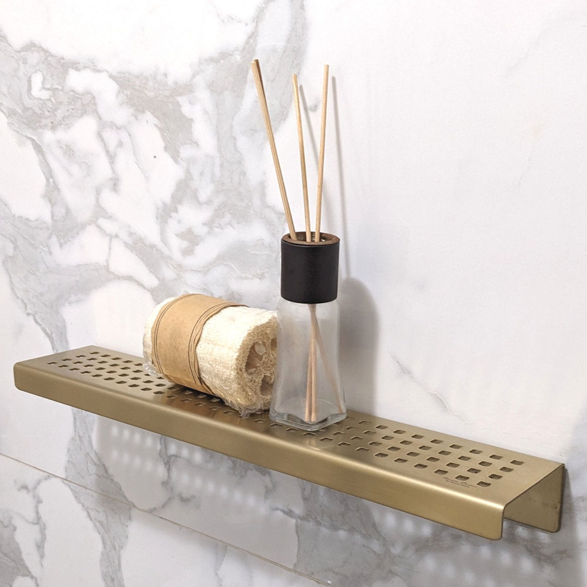 Satin Gold Shower Shelf, Elegant Drill & Screw Wall Mount Shower Shelf, Traditional Square Design