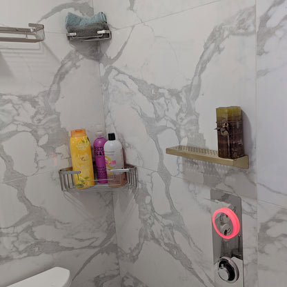 Satin Gold Shower Shelf, Elegant Drill & Screw Wall Mount Shower Shelf, Traditional Square Design