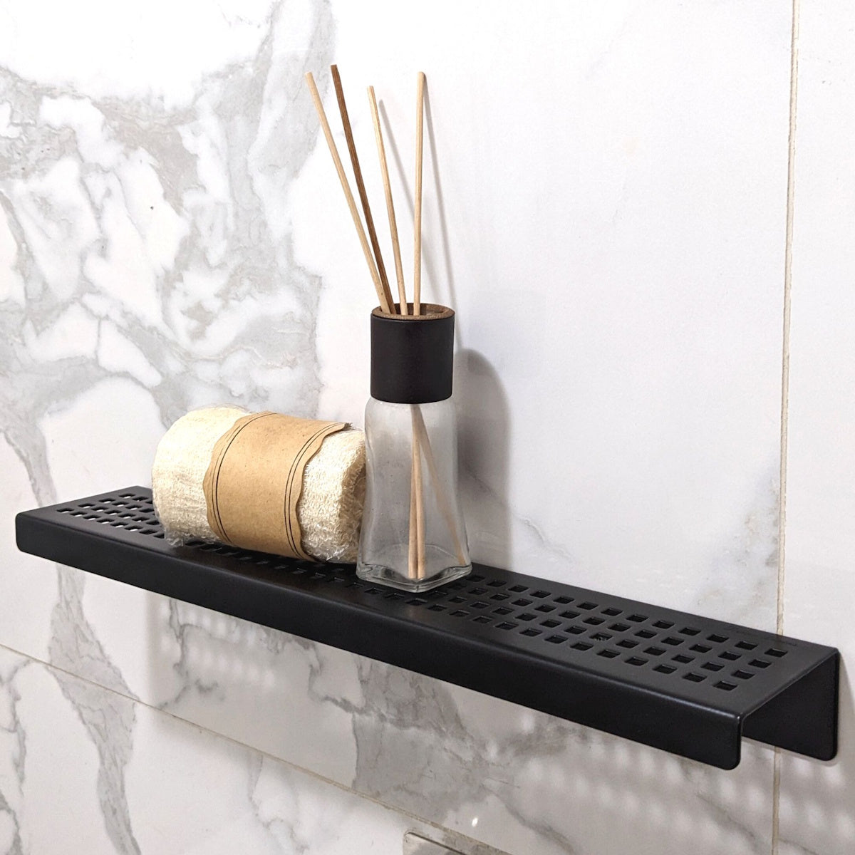 Matte Black Shower Shelf, Elegant Drill & Screw Wall Mount Shower Shelf, Traditional Square Design