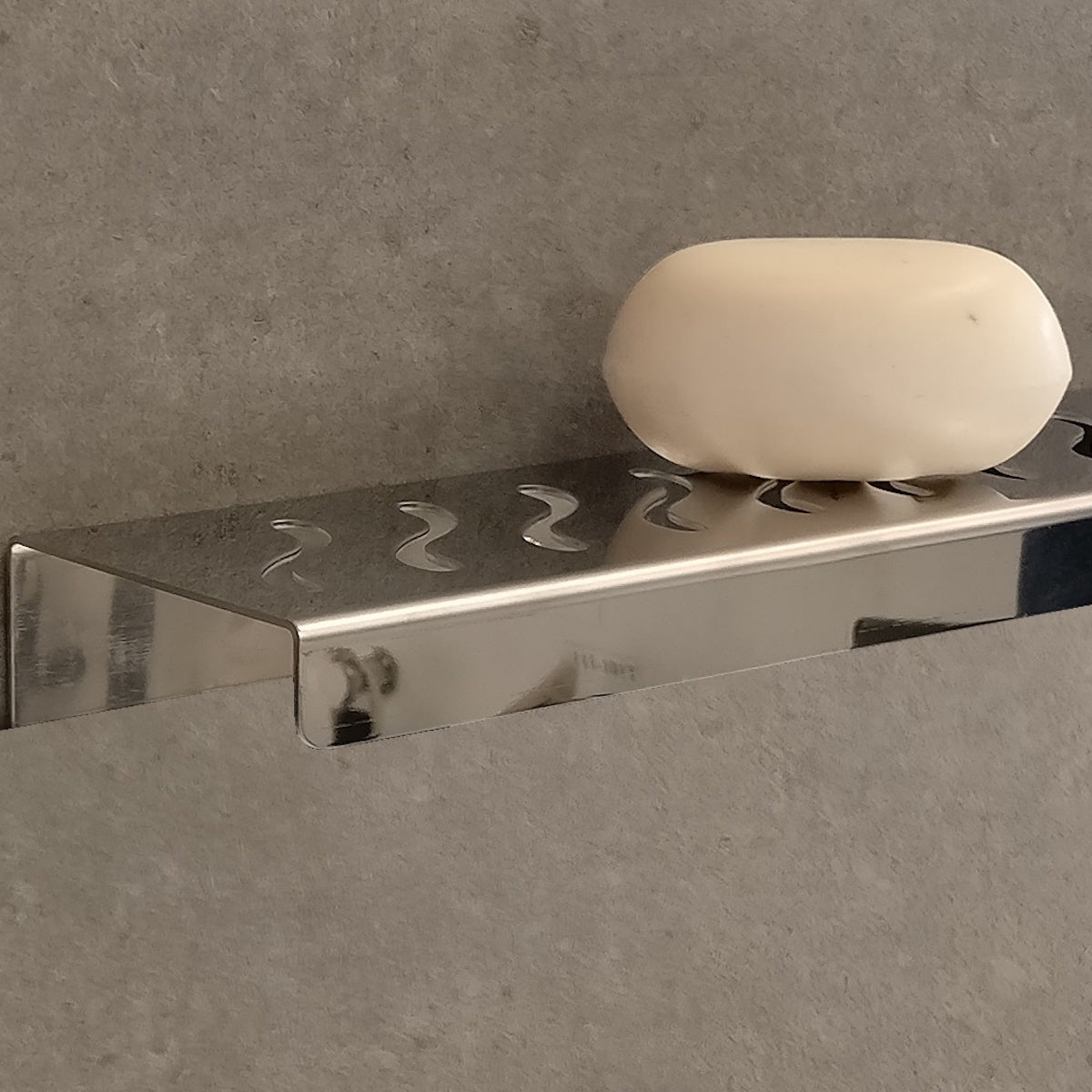 Polished Chrome Shower Shelf, Elegant Drill & Screw Wall Mount Shower Shelf, Ocean Wave Design