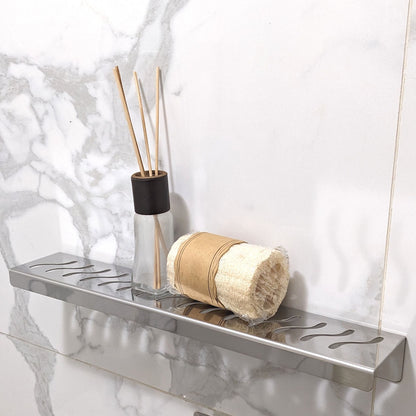 Polished Chrome Shower Shelf, Elegant Drill & Screw Wall Mount Shower Shelf, Ocean Wave Design