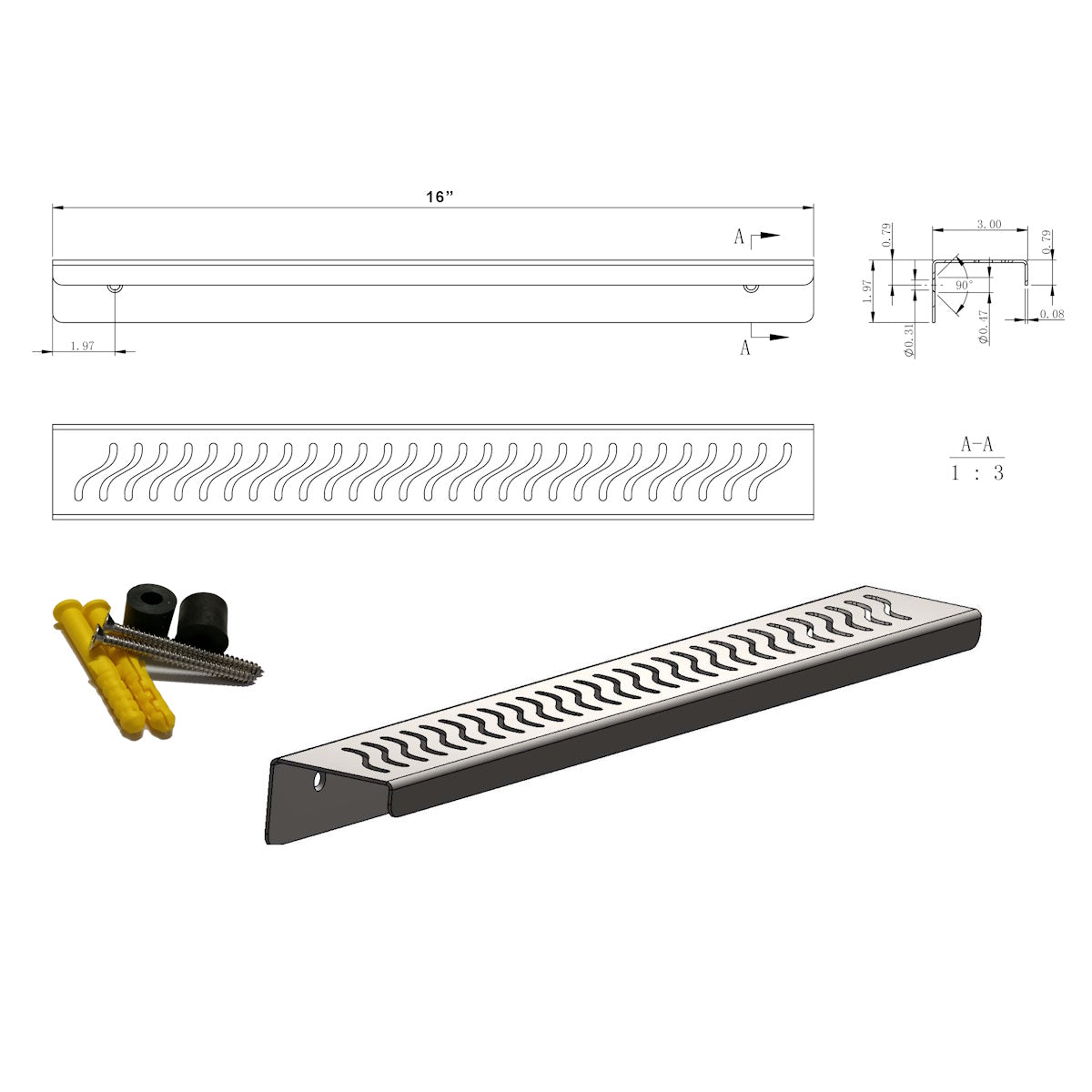 16 Inch Shower Shelf, Wall Mount Rectangle Stainless Steel Shower Shelf, Ocean Wave Design by SereneDrains