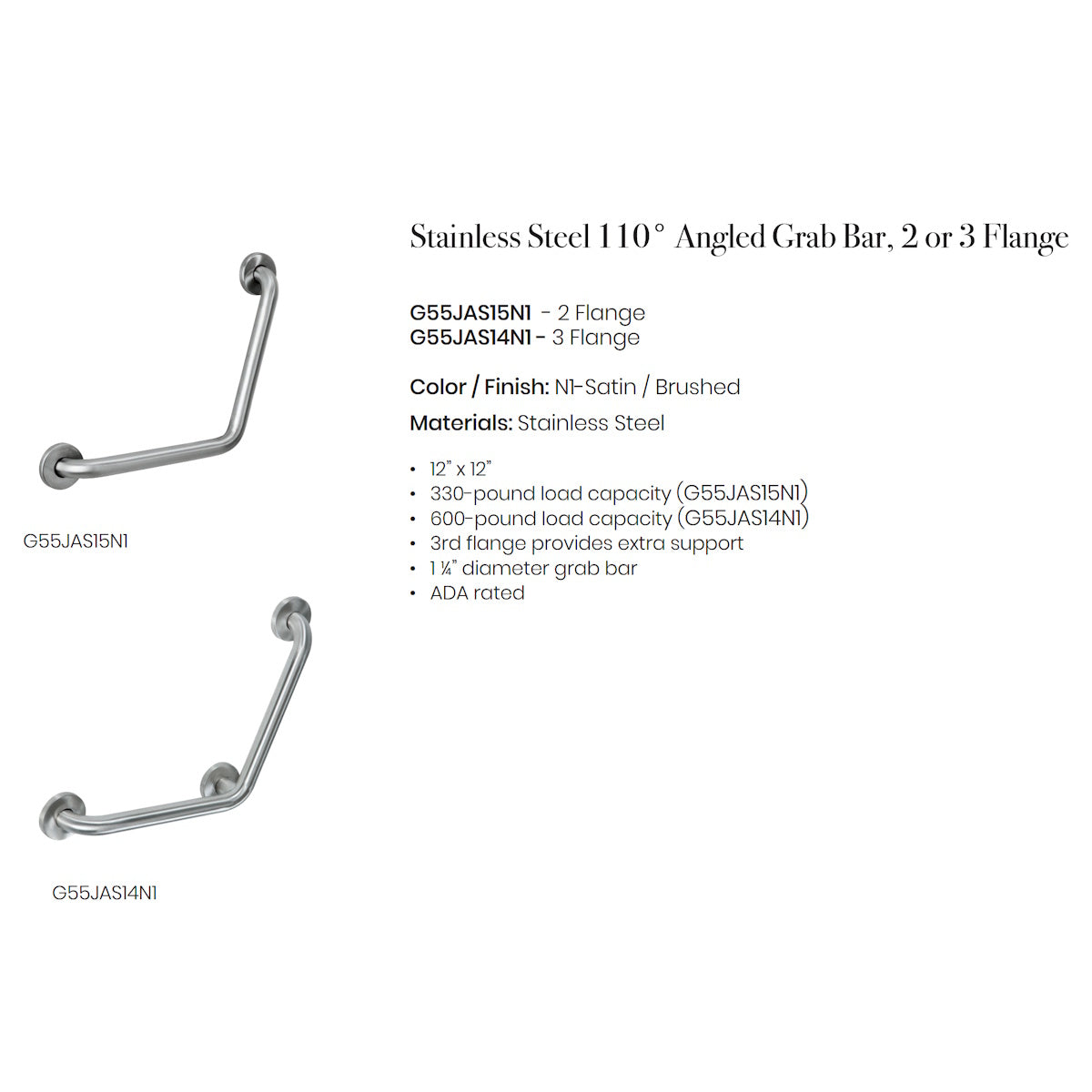 110 Degree Grab Bar, Stainless Steel, ADA Compliant, Brushed Finish, 12" x 12"