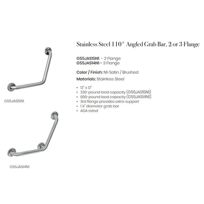 110 Degree Grab Bar, Stainless Steel, ADA Compliant, Brushed Finish, 12" x 12"