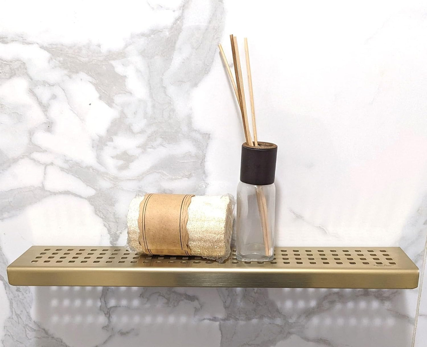 Satin Gold Shower Shelf, Elegant Drill & Screw Wall Mount Shower Shelf, Traditional Square Design