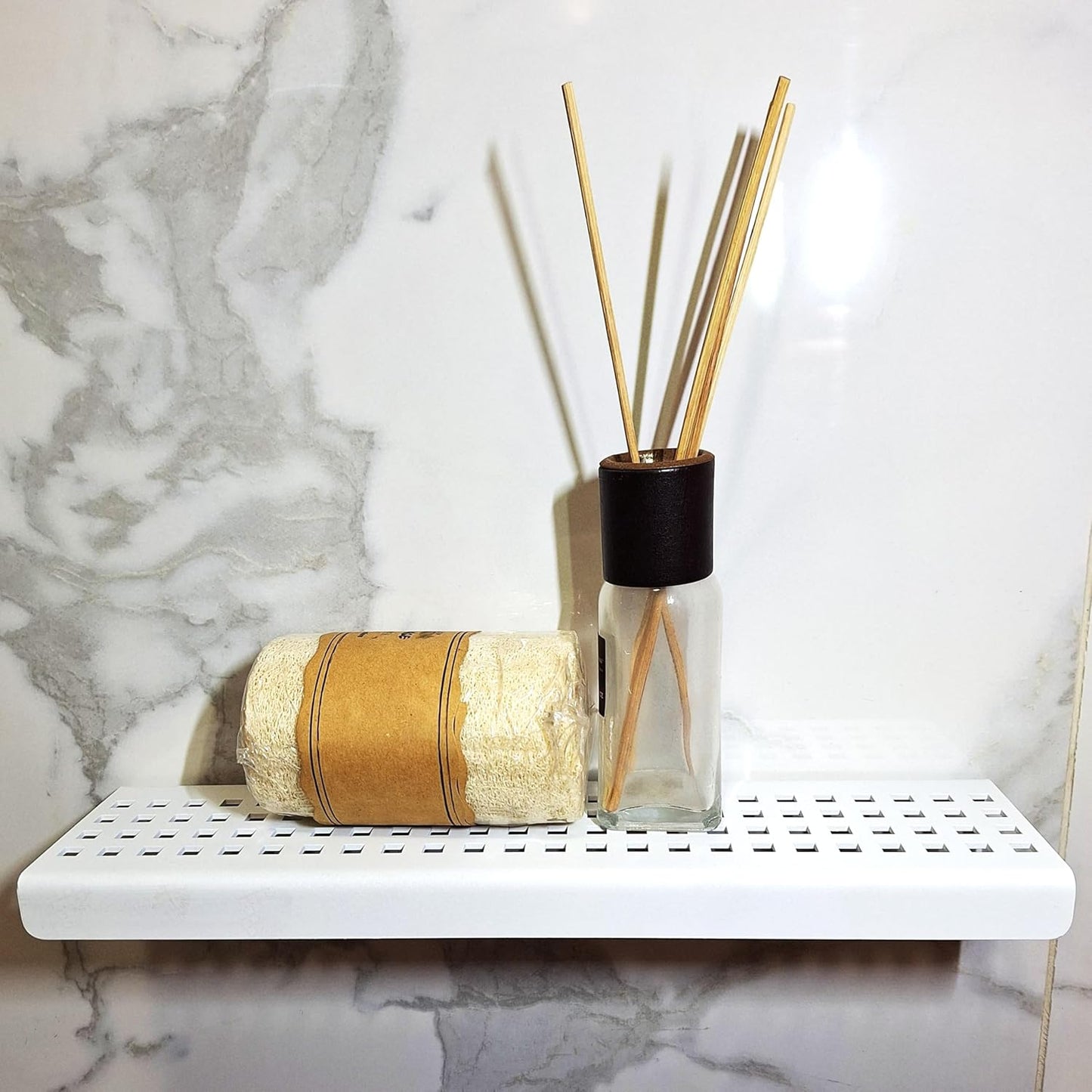 White Wall-Mounted Shower Shelf, Stainless Steel, Matte White Finish by SereneDrains