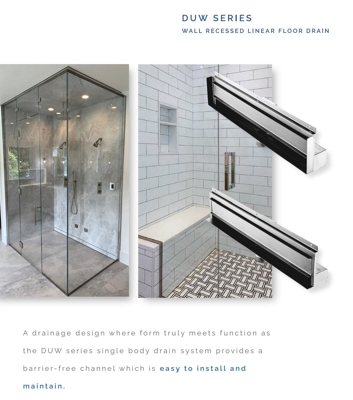 43 Inch Wall Recessed Tile-in Linear Drain, Wall to Wall Flange Design