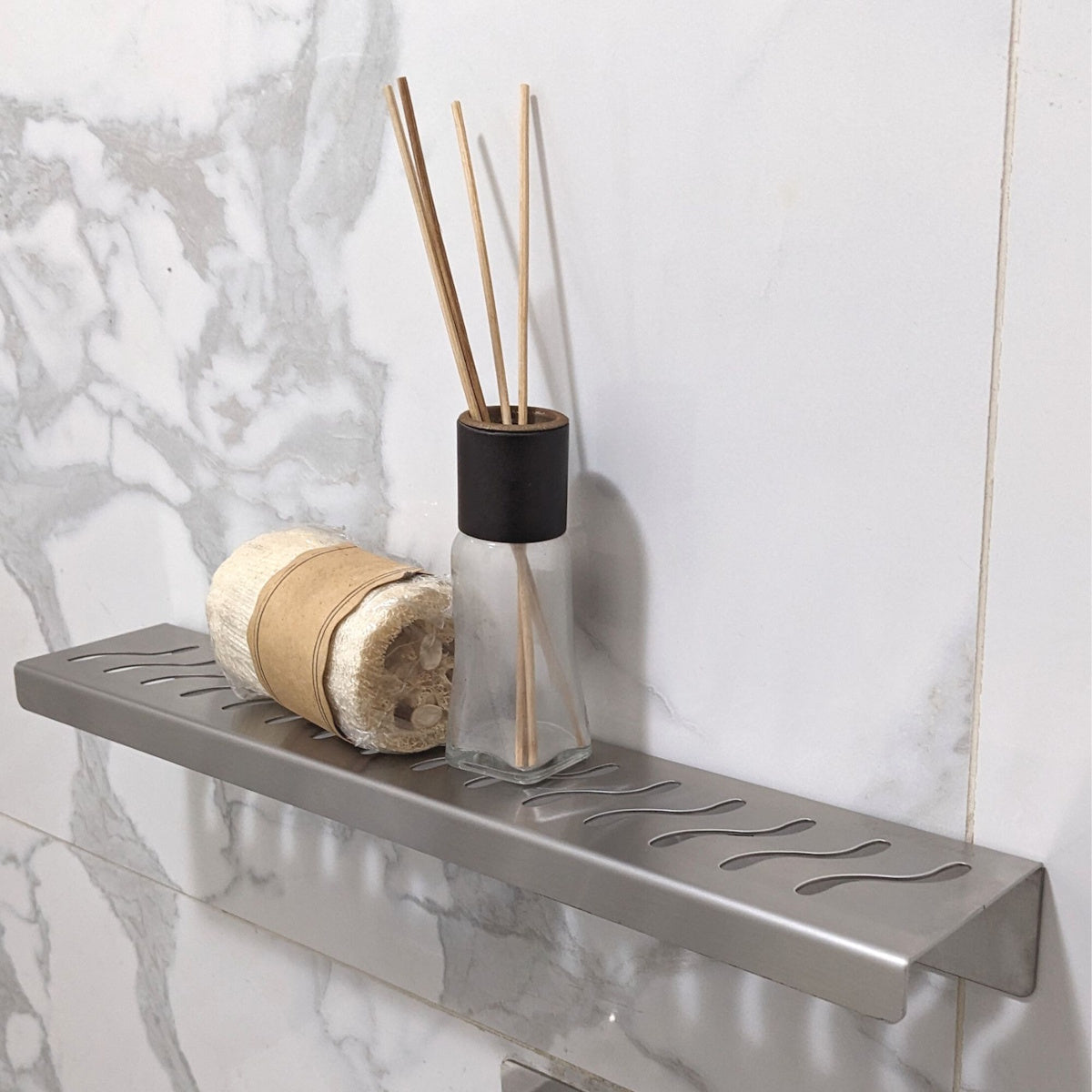 Brushed Shower Shelf, Elegant Drill & Screw Wall Mount Shower Shelf, Ocean Wave Design