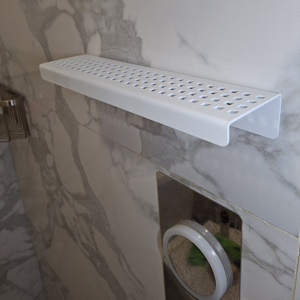 White Wall-Mounted Shower Shelf, Stainless Steel, Matte White Finish by SereneDrains