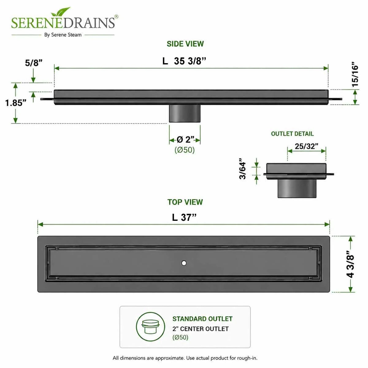 35" Linear Shower Drain in Oil Rubbed Bronze, Tile Insert Grate | SereneDrains