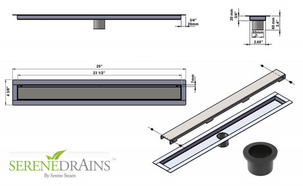 SereneDrains Complete Linear Drain Installation Kit: Invisible Slim Design Linear Shower Drain, 2 Inch ABS Shower Drain Base, Hair trap.
