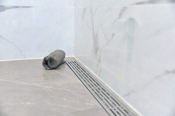 Brushed Nickel Linear Shower Drain with Free Hair Trap, Broken Lane Design By SereneDrains