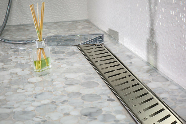 SereneDrains Linear Shower Drain with Hair Trap Set Wind Design