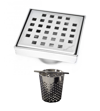 4 Inch Polished Chrome Square Shower Drain with Hair Trap Set (4 Designs)