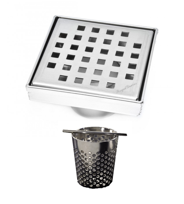 6 inch Polished Stainless Steel Square Shower Drain with Hair Trap Set (2 Designs)