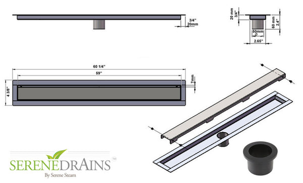 SereneDrains Side Outlet 60 inch Linear Shower Drain with ABS Drain Base Flange & Hair Trap, Complete Shower Drain Installation Kit Wind Design